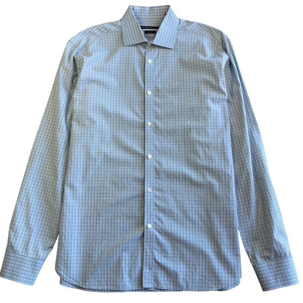 John Varvatos Slim Fit Dress Shirt Mens Medium 16 Blue Check Plaid Lightweight